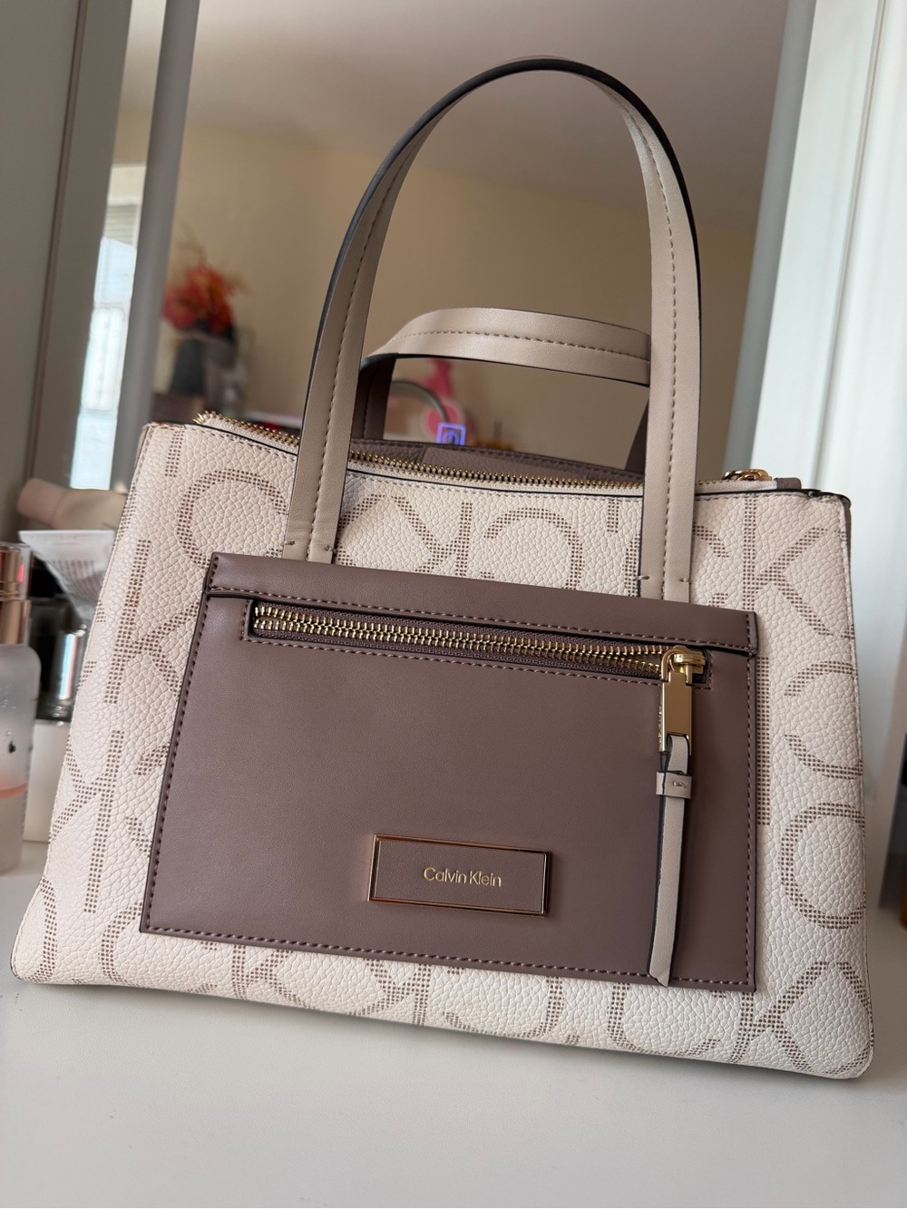 Calvin Klein Cream & Brown Monogram Satchel